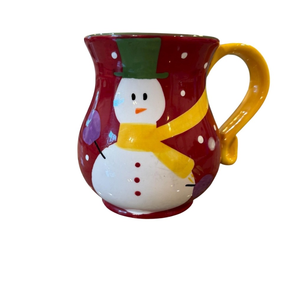Pier‎ 1 Imports Snowball Hand Painted Snowman Mug Cup Red Yellow Scarf Christmas